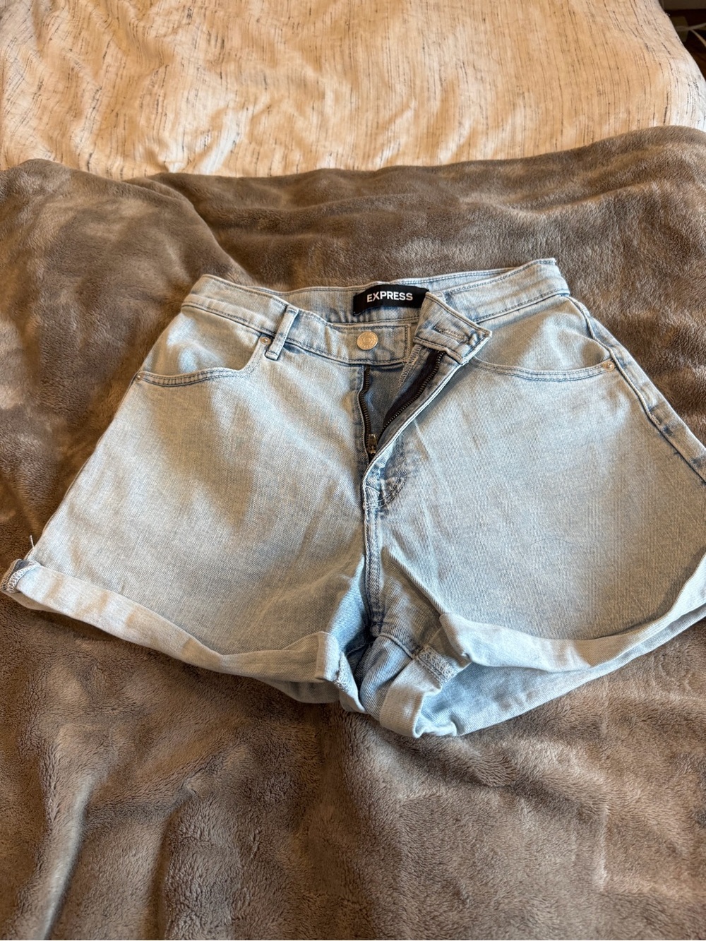 Express Light Blue High-Rise Rolled Hem Denim Shorts